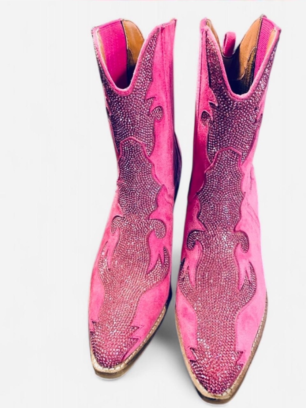 BEAST FASHION Pink Faux Suede Crystal Western Ankle Booties